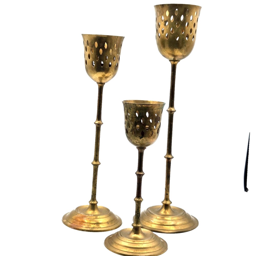 VINTAGE 3 MCM Brass Candlesticks Candle‎ Holders with Cut Out Design  India